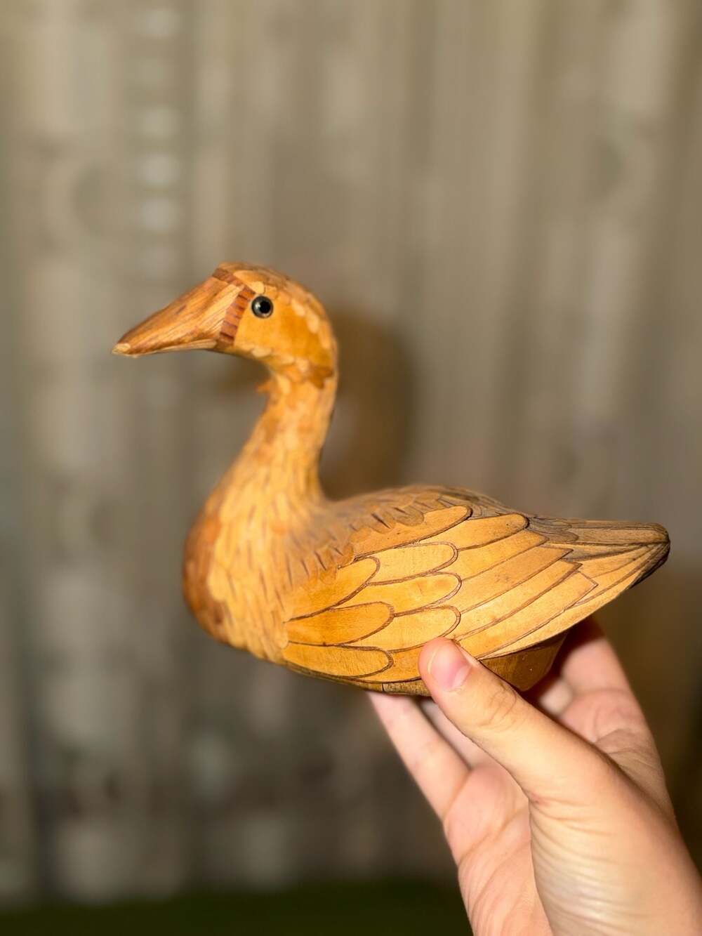 Vintage Shanghai Handicrafts Hand-Carved Wooden and Corn Husk Duck Figurine